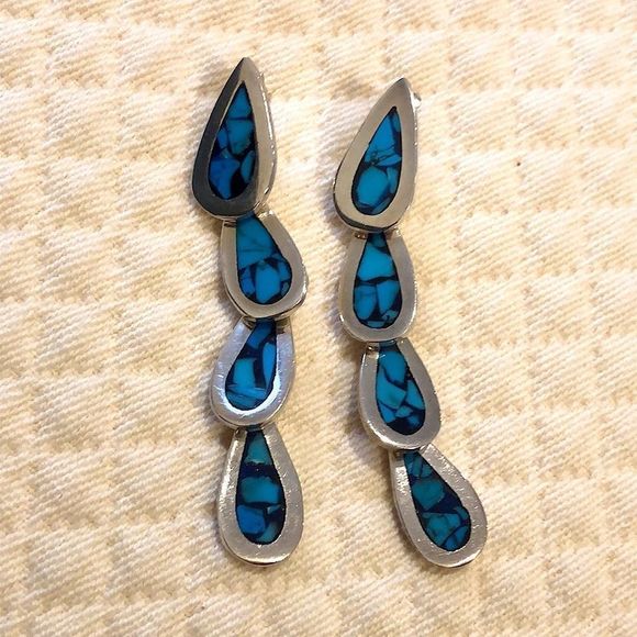 TAXCO Crushed Blue Turquoise Inlay Linear Drop Dangle Sterling Silver Earrings - Picture 6 of 7